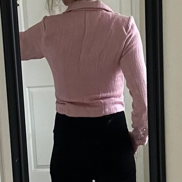 Vintage pink tweed cropped long sleeve double breasted blazer suit jacket - Picture 4 of 11